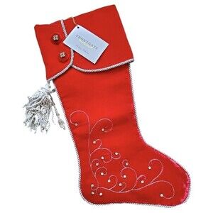 FrontGate Fancy Velvet Christmas Stocking Rhinestones Beaded Tassle Red NWT